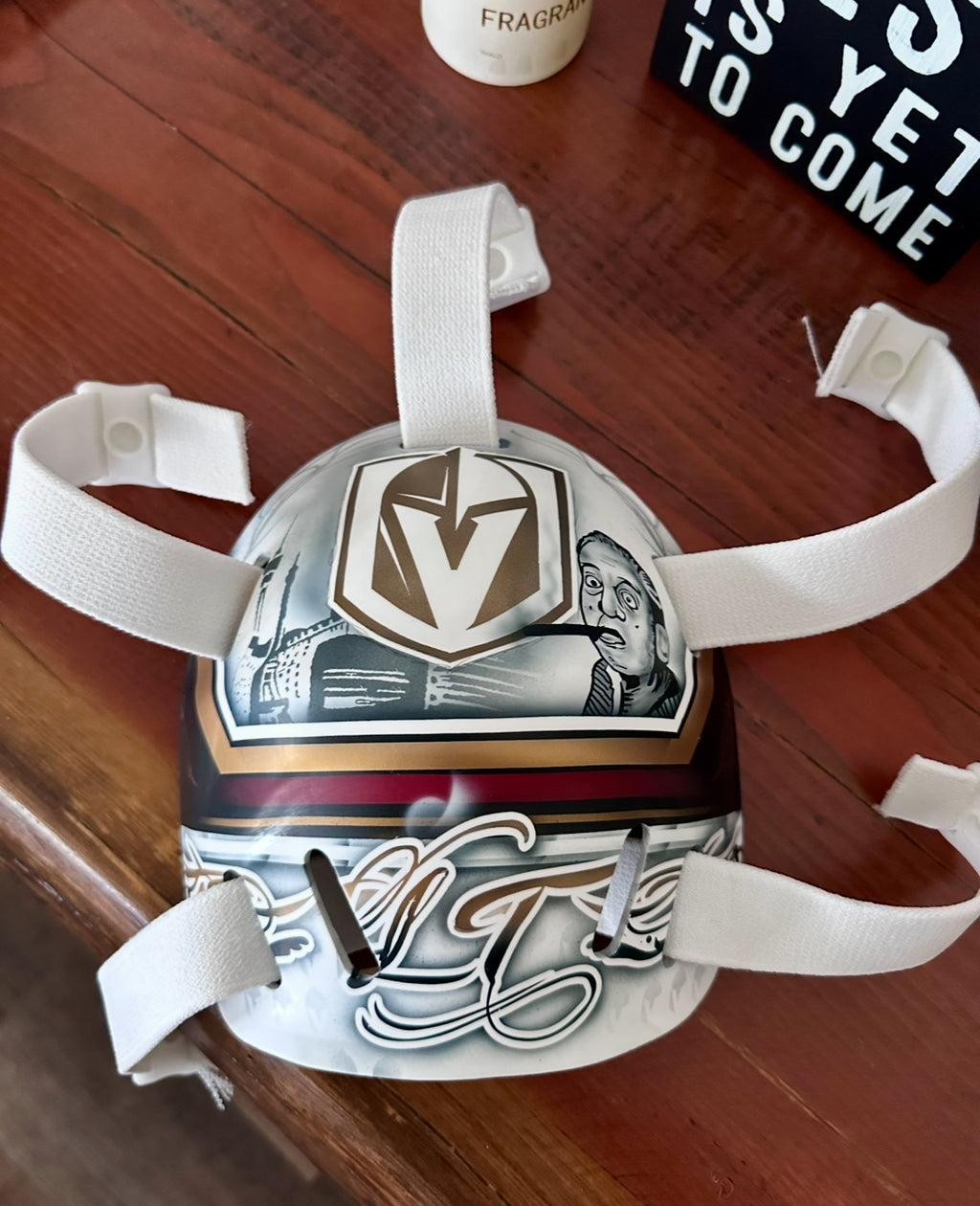 Logan Thomson replica goalie mask with 24k plated cage