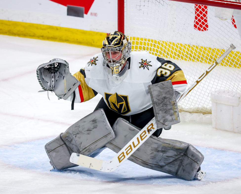 Logan Thomson replica goalie mask with 24k plated cage