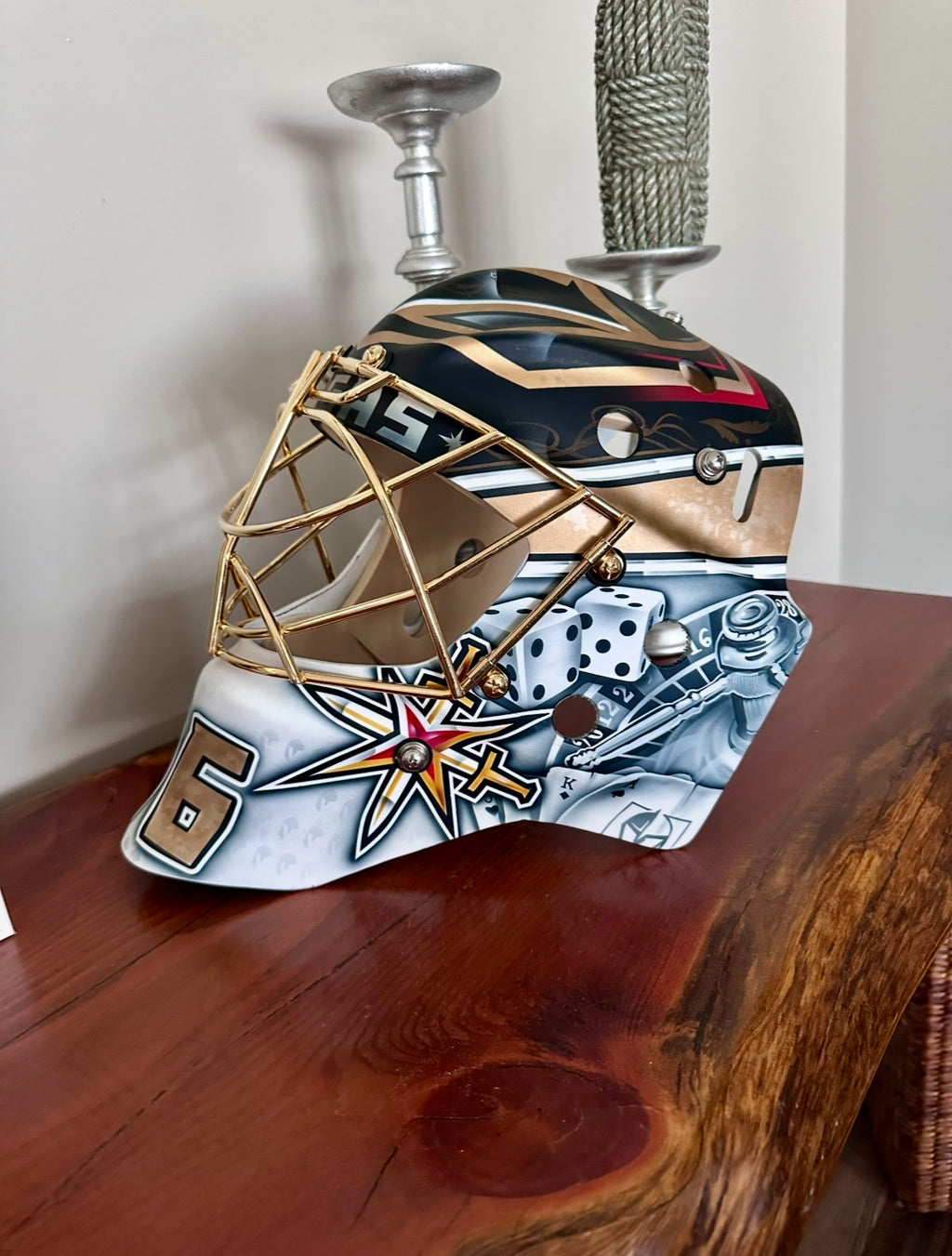 Logan Thomson replica goalie mask with 24k plated cage