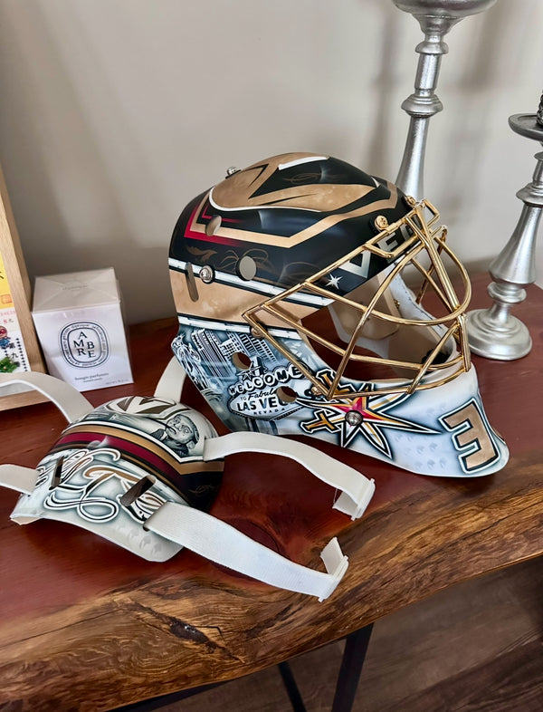 Logan Thomson replica goalie mask with 24k plated cage