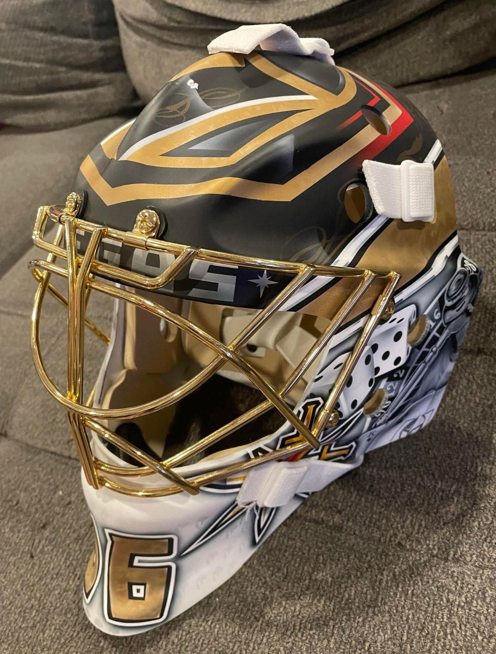 Logan Thomson replica goalie mask with 24k plated cage