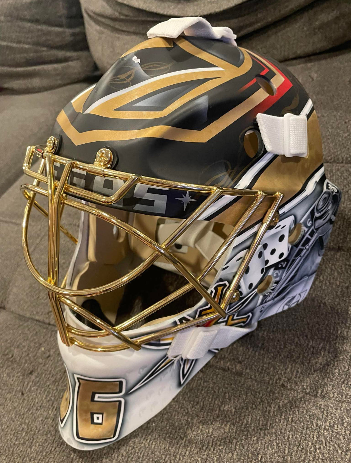 Logan Thomson replica goalie mask with 24k plated cage