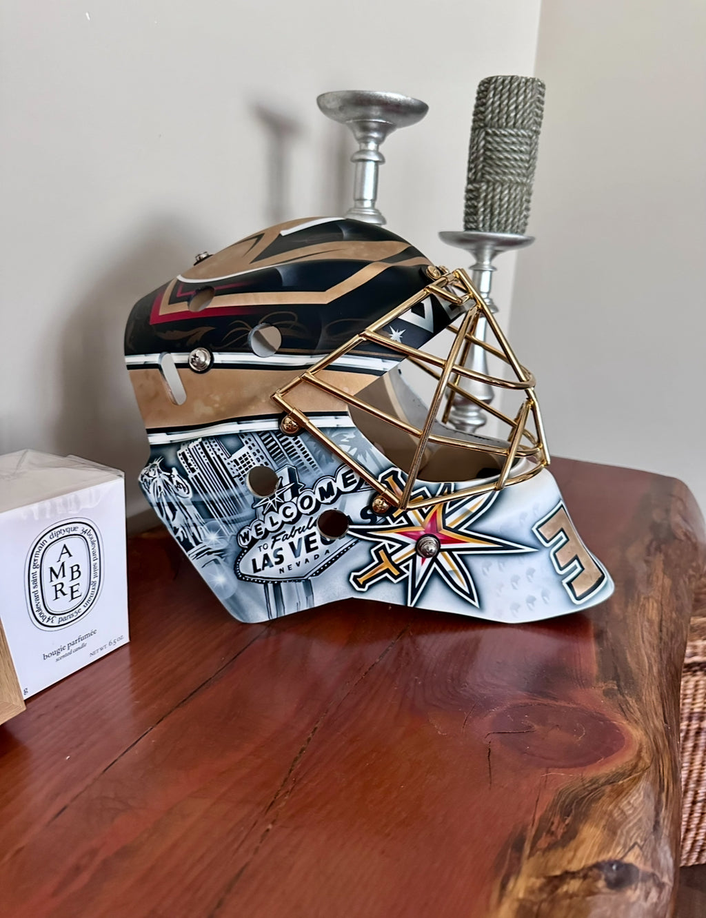 Logan Thomson replica goalie mask with 24k plated cage